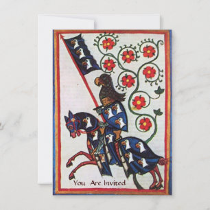 INVITATION CHEVALIER BLEU SUR HORSEBACK PARCHEMENT MÉDIÉVAL