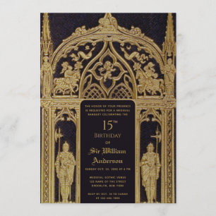Invitation Chevalier Médiéval Thème Anniversaire Noir Or goth