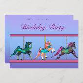 Invitation Chevaux de carrousel Filles roses et violettes Fêt (Devant / Derrière)