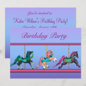 Invitation Chevaux de carrousel Rose & Violet Fête d'annivers (Devant / Derrière)