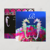 Invitation CHEVAUX DE MER MONOGRAMME DE MARIAGE, bleu rose no (Devant / Derrière)