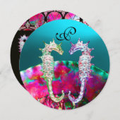 Invitation CHEVAUX DE MER MONOGRAMME DE MARIAGE, bleu rose no (Devant / Derrière)