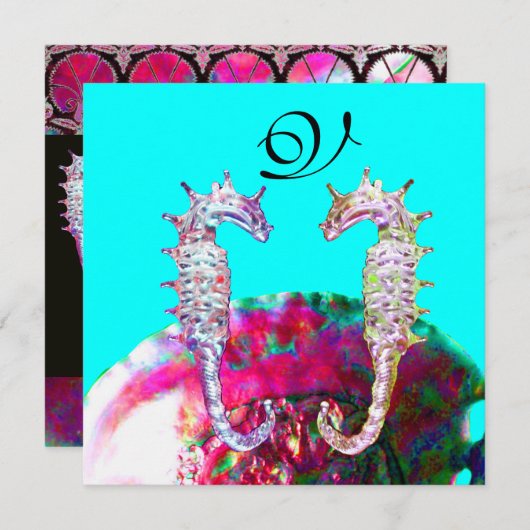 Invitation CHEVAUX DE MER MONOGRAMME DE MARIAGE, bleu rose no (Devant / Derrière)