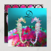 Invitation CHEVAUX DE MER MONOGRAMME DE MARIAGE, bleu rose no (Devant / Derrière)