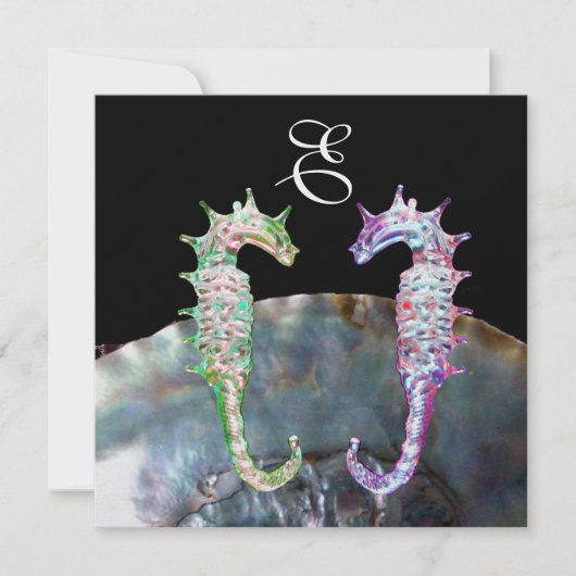 Invitation CHEVAUX DE MER MONOGRAMME DE MARIAGE, rose blanc n (Devant)