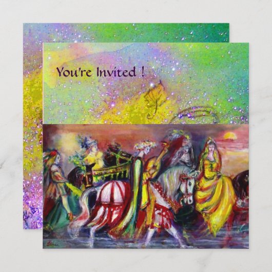 Invitation CHEVAUX EN NUIT, jaune violet vert étincelant (Devant / Derrière)