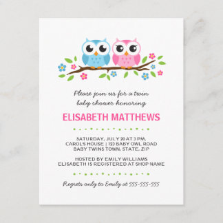 Invitation Chevêches jumelles sur baby shower de fille à bran