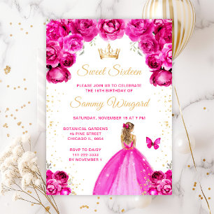 Invitation Cheveux rose chaud Sweet sixteen princesse 