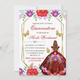 Invitation Cheveux Roux en Robe Florale Mexicaine Quinceañera