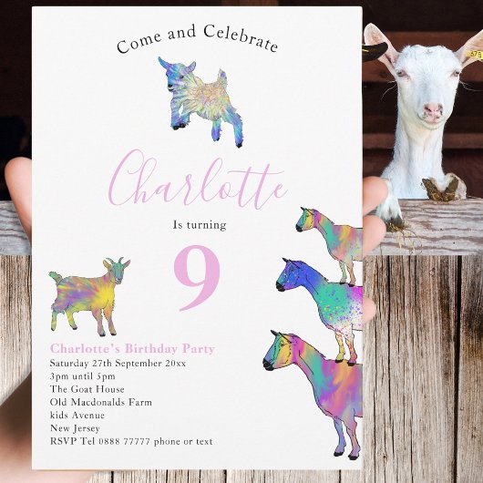 Invitation Chèvre Thème 9e anniversaire fête rose