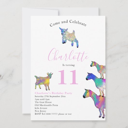 Invitation Chèvre thème Anniversaire fête rose (Devant)
