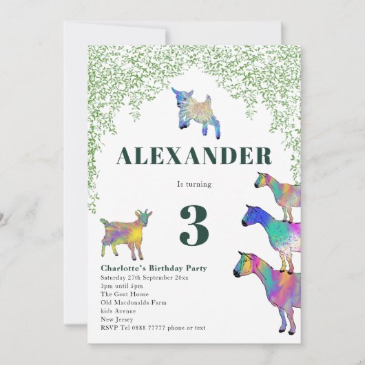 Invitation Chèvres Aquarelle fête d'anniversaire Vert (Devant)