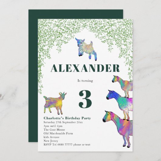 Invitation Chèvres Aquarelle fête d'anniversaire Vert (Devant / Derrière)