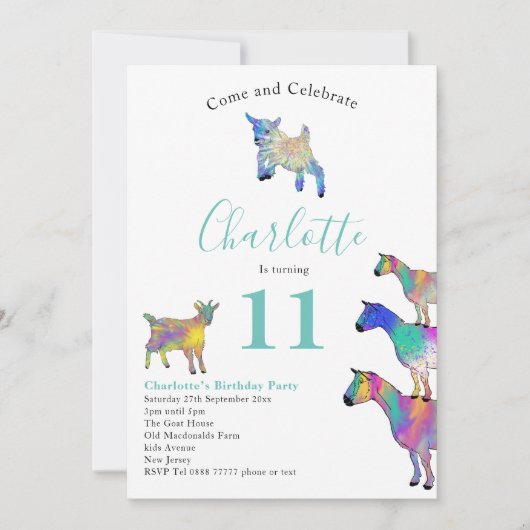 Invitation Chèvres colorées fête d'anniversaire (Devant)