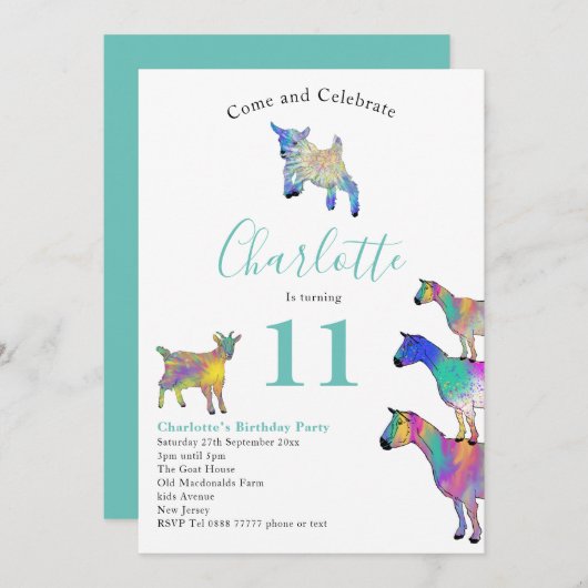 Invitation Chèvres colorées fête d'anniversaire (Devant / Derrière)