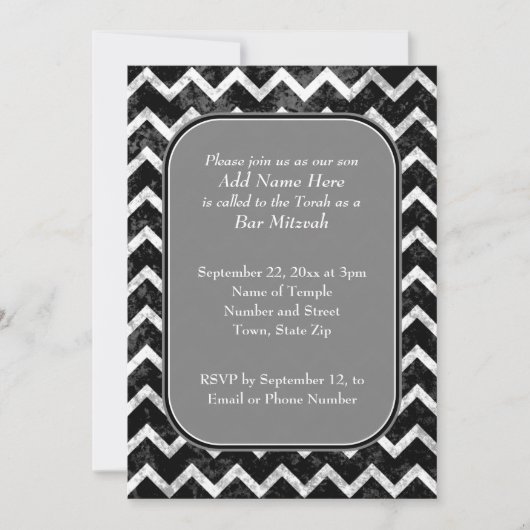Invitation Chevron Bar Mitzvah noir et blanc Motif Grunge (Devant)