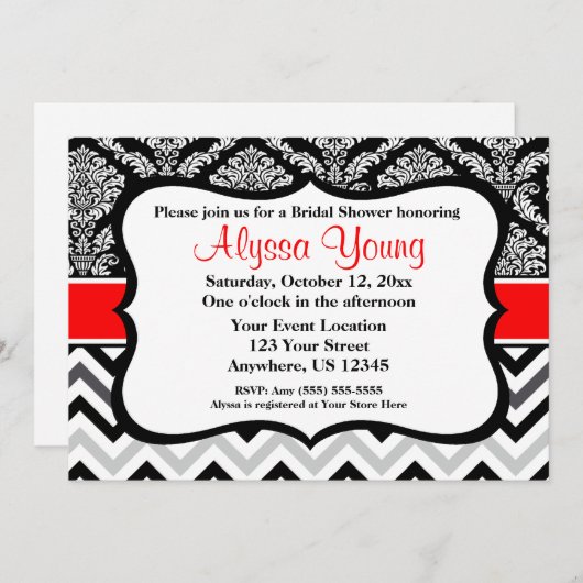 Invitation Chevron Black Red Damask (Devant / Derrière)