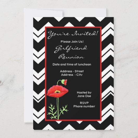 Invitation Chevron blanc noir Chevron ZizZag rouge Poppy noir (Dos)