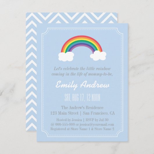 Invitation Chevron bleu et blanc, baby shower d'arc-en-ciel (Devant / Derrière)