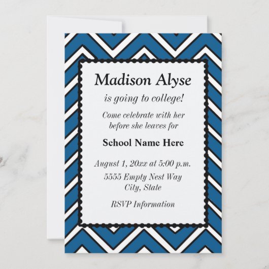 Invitation Chevron bleu et blanc Off To College Party Invitat (Devant)
