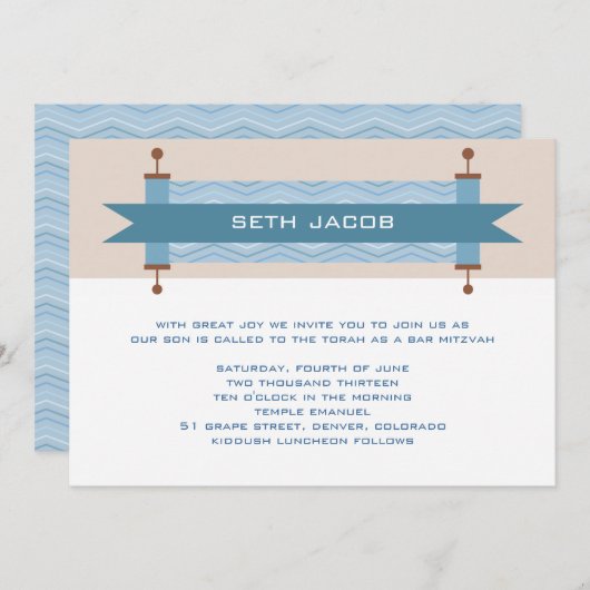 Invitation Chevron Blues Bar Mitzvah (Devant / Derrière)