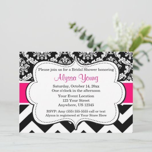 Invitation Chevron Damask noire rose (Debout devant)