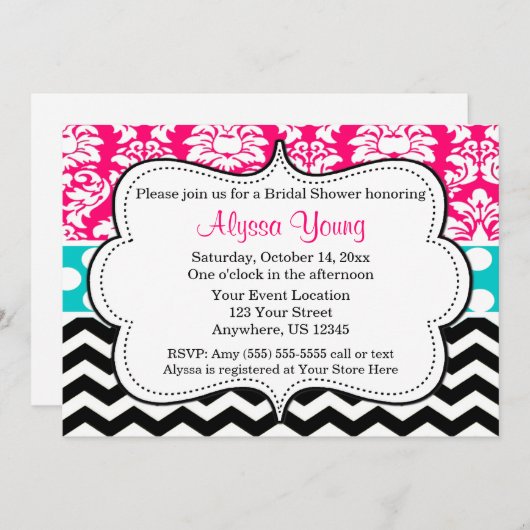 Invitation Chevron Damask Pink Black Blue (Devant / Derrière)