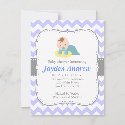 Invitation Chevron de baby shower de garçon, bleu et blanc (Devant)