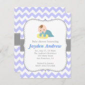 Invitation Chevron de baby shower de garçon, bleu et blanc (Devant / Derrière)