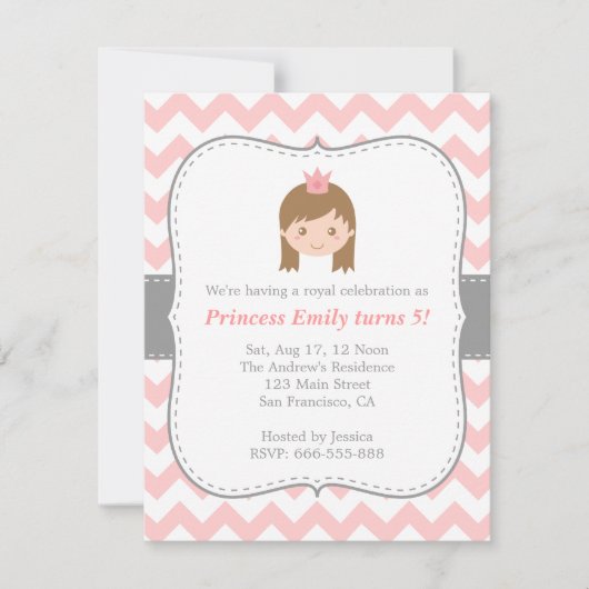 Invitation Chevron de fête d'anniversaire de princesse, rose (Devant)