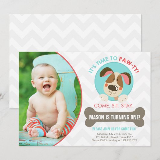 Invitation Chevron de rouge bleu d'invitation de chiot (Devant / Derrière)