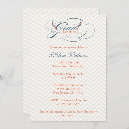 Invitation Chevron & Fleurs Graduation (Devant / Derrière)