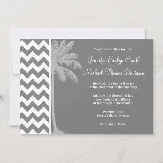 Invitation Chevron gris foncé; Palme tropicale (Devant)