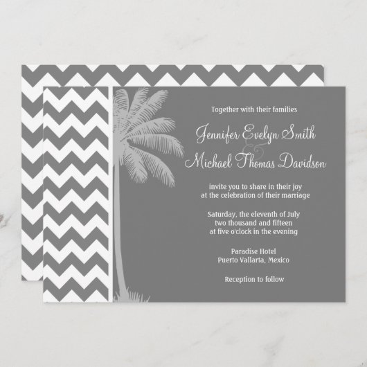 Invitation Chevron gris foncé; Palme tropicale (Devant / Derrière)
