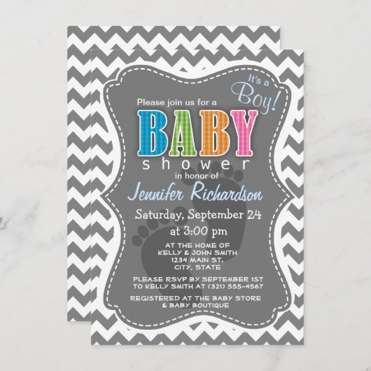 Invitation Chevron gris foncé; zig zag (Devant / Derrière)