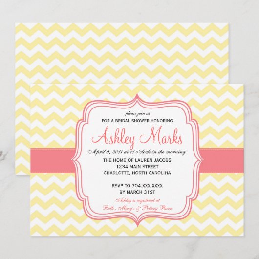 Invitation Chevron jaune et rose (Devant / Derrière)