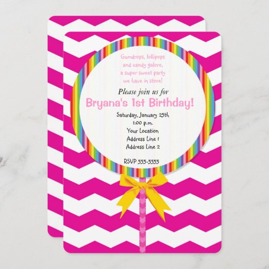 Invitation Chevron Lollipop Candy Anniversaire Fête Invitatio (Devant / Derrière)