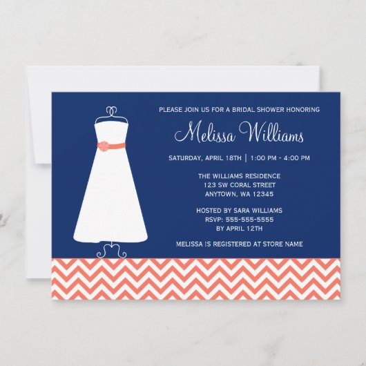 Invitation Chevron moderne Gown Coral Navy Bleu Fête des mari (Devant)