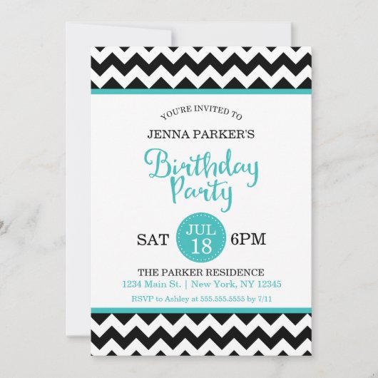 Invitation Chevron moderne noir et turquoise fête d'anniversa (Devant)