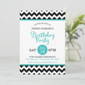Invitation Chevron moderne noir et turquoise fête d'anniversa (Debout devant)