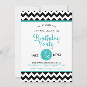 Invitation Chevron moderne noir et turquoise fête d'anniversa