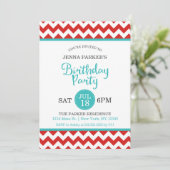 Invitation Chevron moderne rouge et turquoise fête d'annivers (Debout devant)