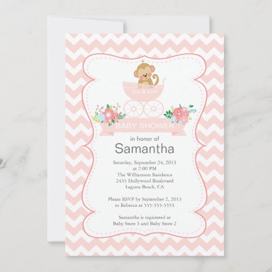 Invitation Chevron Monkey Dans Le Baby shower Carriage Girls (Devant)