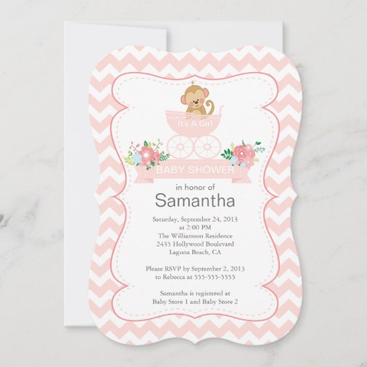 Invitation Chevron Monkey Dans Le Baby shower Carriage Girls (Devant)