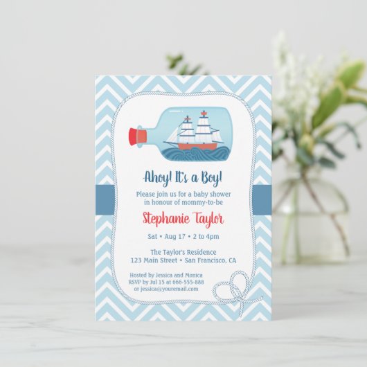 Invitation Chevron Nautical Ship in Bottle Baby shower (Debout devant)