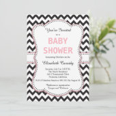 Invitation Chevron noir et blanc, rose, Baby shower (Debout devant)