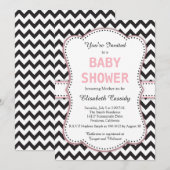 Invitation Chevron noir et blanc, rose, Baby shower (Devant / Derrière)