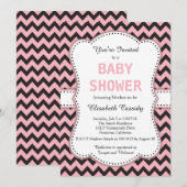 Invitation Chevron noir et rose, Baby shower (Devant / Derrière)