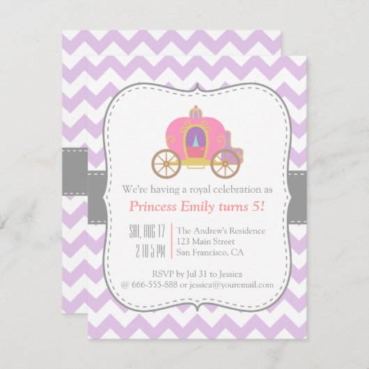 Invitation Chevron pourpre, fête d'anniversaire de princesse (Devant / Derrière)