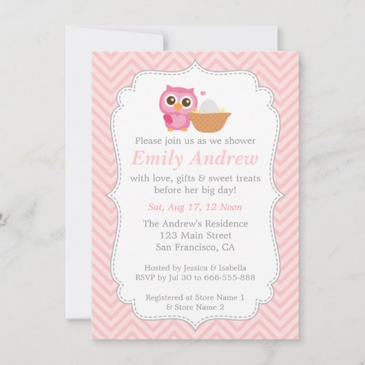 Invitation Chevron rose, Baby shower de la chouette (Devant)